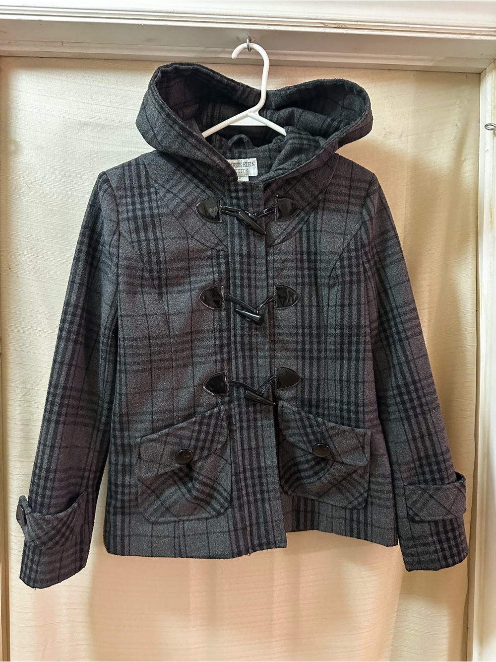 Charles Klein Womens Wool Blend Plaid Hooded Toggle Duffle Coat Jacket Petite